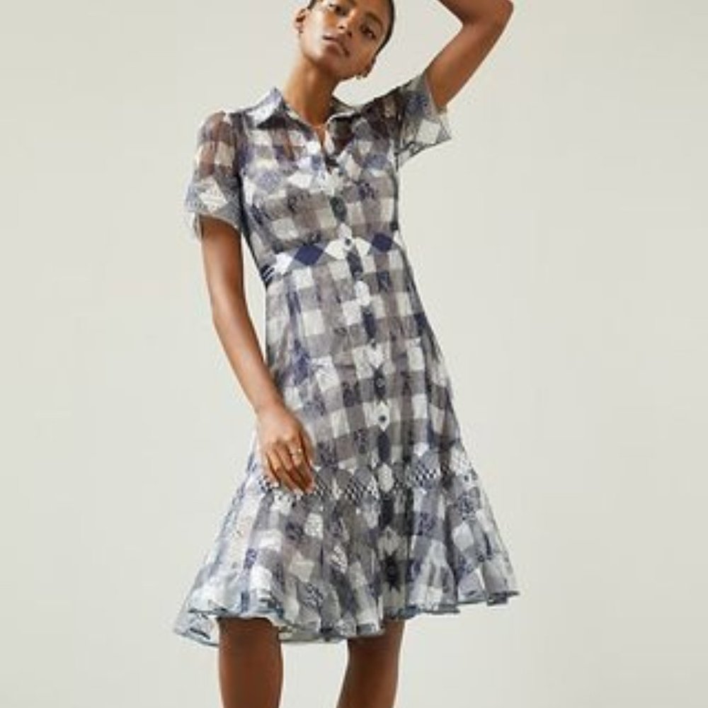 In Earnest By Byron Lars Size 6 Gingham Chantilly Lace Midi Dress SOLD OUT $560